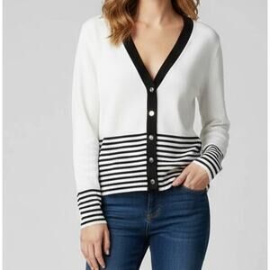 Notations Small Button Front Cardigan Sweater White Black Polyester